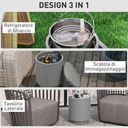 Multipurpose Coffee Table with Ice Bucket and Lid, in Concrete and Stainless Steel, Ø37.5x43.5 cm, Light Grey