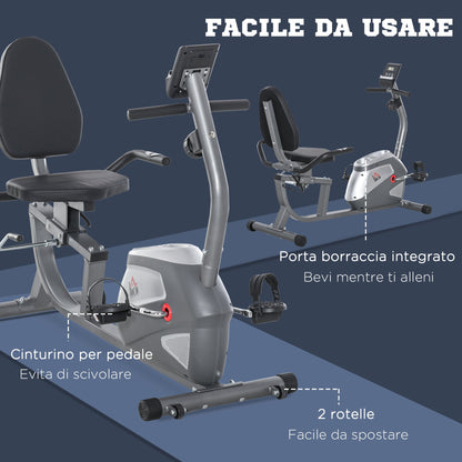 Recumbent Exercise Bike with Adjustable Seat, 8 Resistance Levels and LCD Monitor, 121.5-136x62.5x98cm, Grey