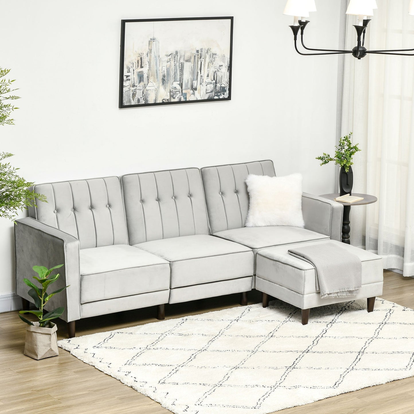sofa bed 3 seats with footrest and reclining back, velvet coating and padded seat, 218x85x86 cm, light Grey
