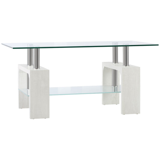 Modern coffee table with 2 levels in glass and wood, 90x50x42cm, white