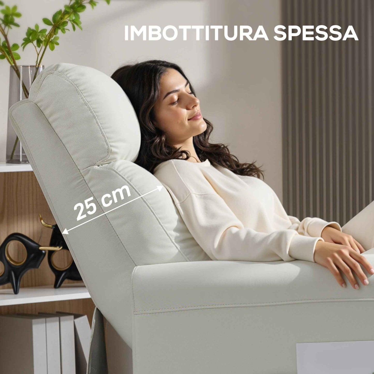 Reclining Chair 135° max in Linen Effect Fabric, Foam, Steel and Wood, 73x86x100 cm, Cream White