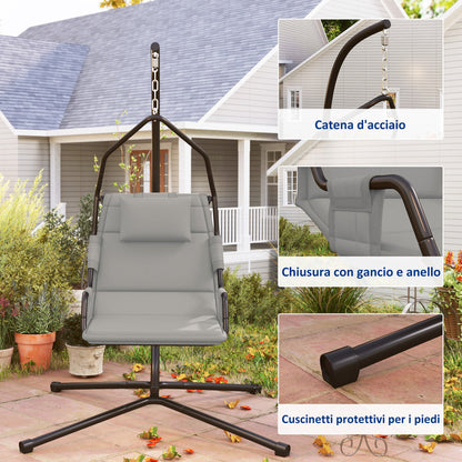 Padded Swing Hammock with Cushion, Hook and Chain, Steel and Polyester, 118x98x192 cm, Grey and Black