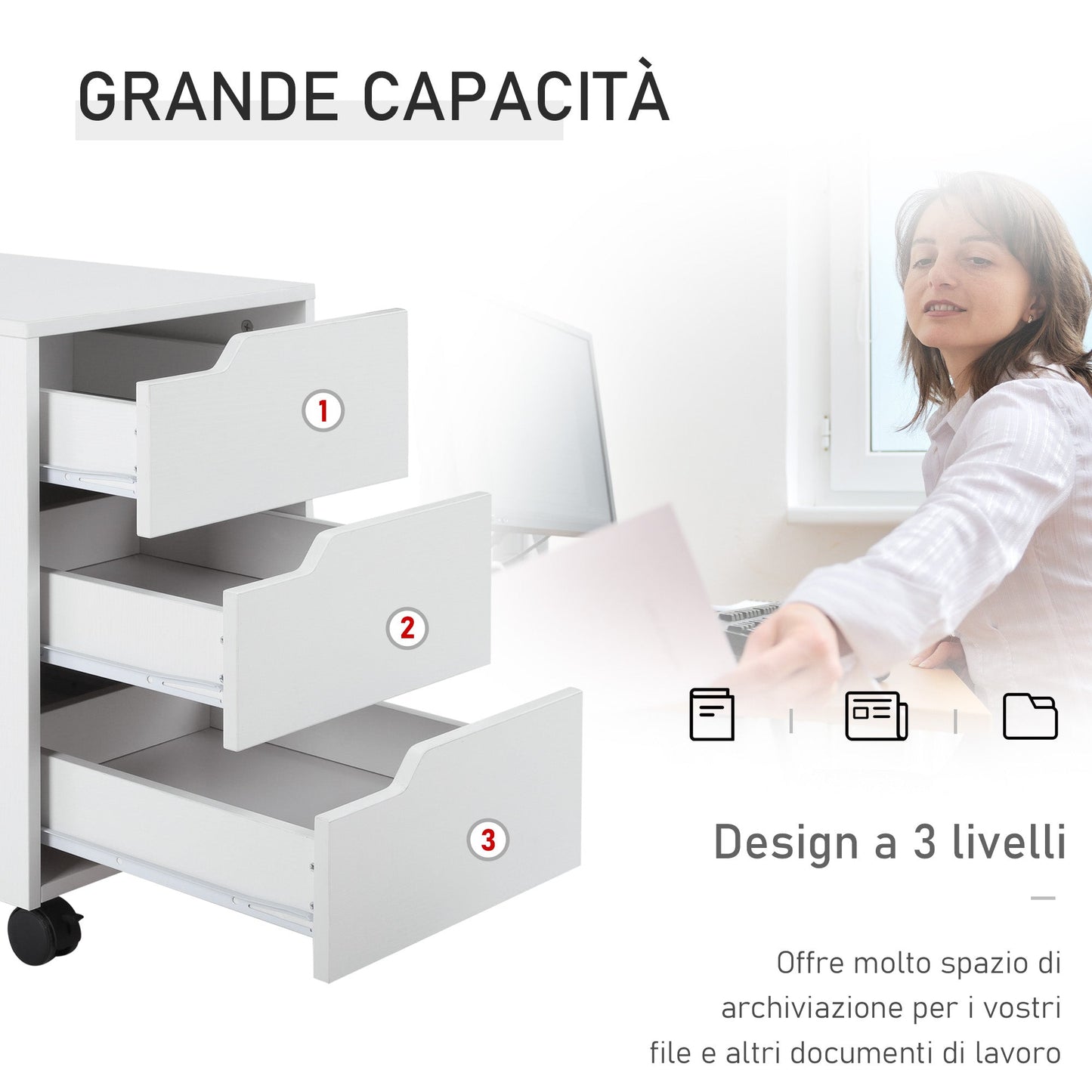 3 Drawer Office Chest with Retractable Handles, Wood and Metal, 40x50x57.5 cm, White
