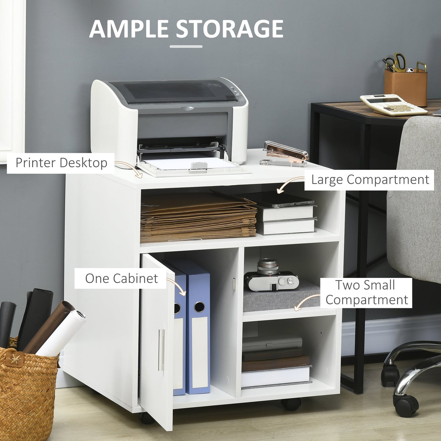 Printer Cabinet with Open Shelves and Wooden Cabinet, 60x50x65.5cm, White