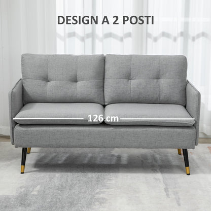 2 Seater Fabric Sofa with Padded Cushions and Steel Legs 139x68x80cm, Grey