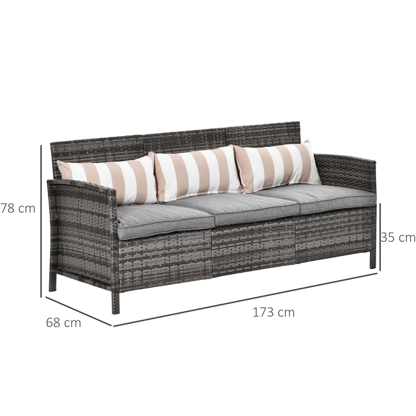 3 Seater Outdoor Sofa in Rattan (PE) with Padded and Removable Cushions, Garden/Terrace, 173x68x78cm
