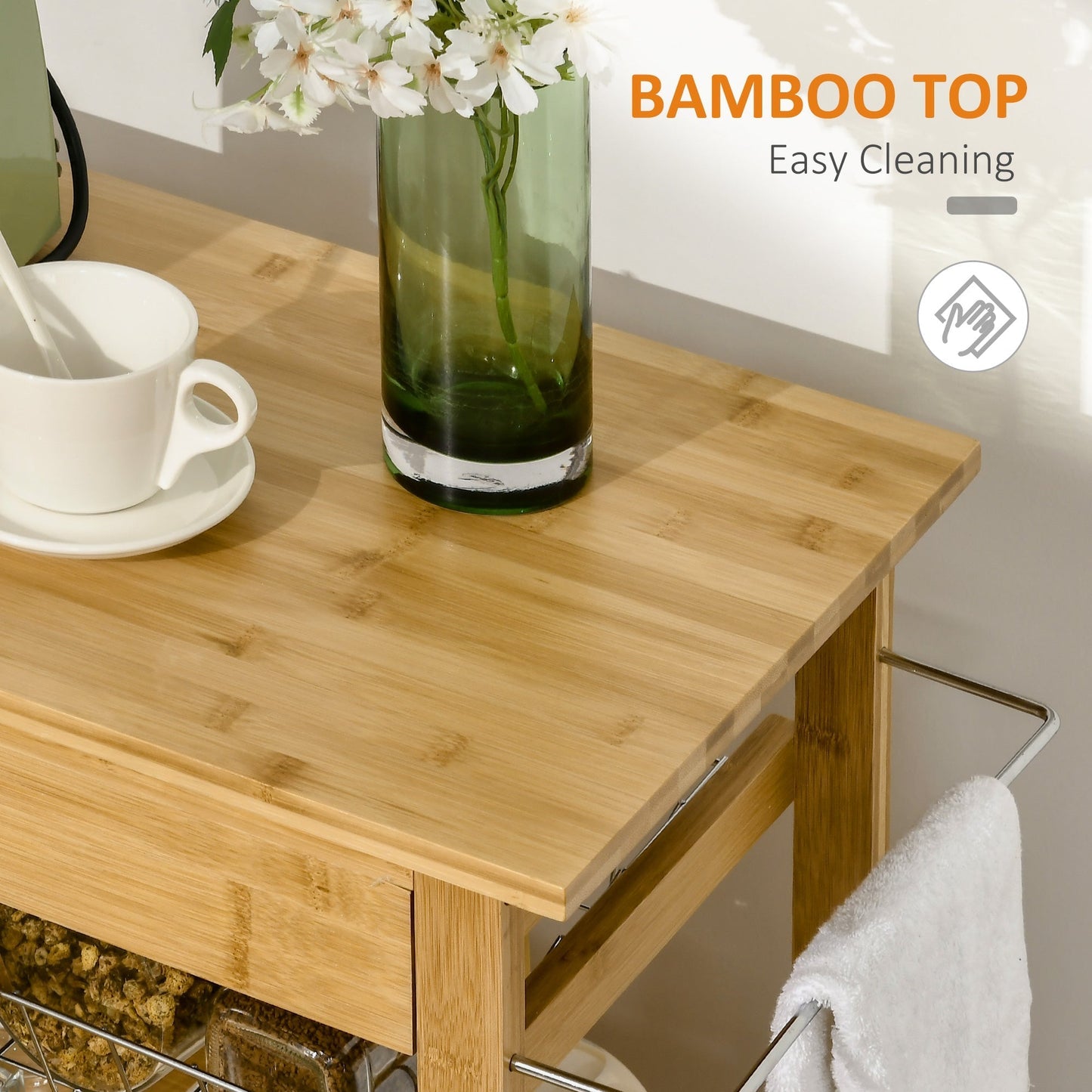 kitchen trolley with drawer, locker and removable wooden basket with swivel wheels, 66x36x79cm