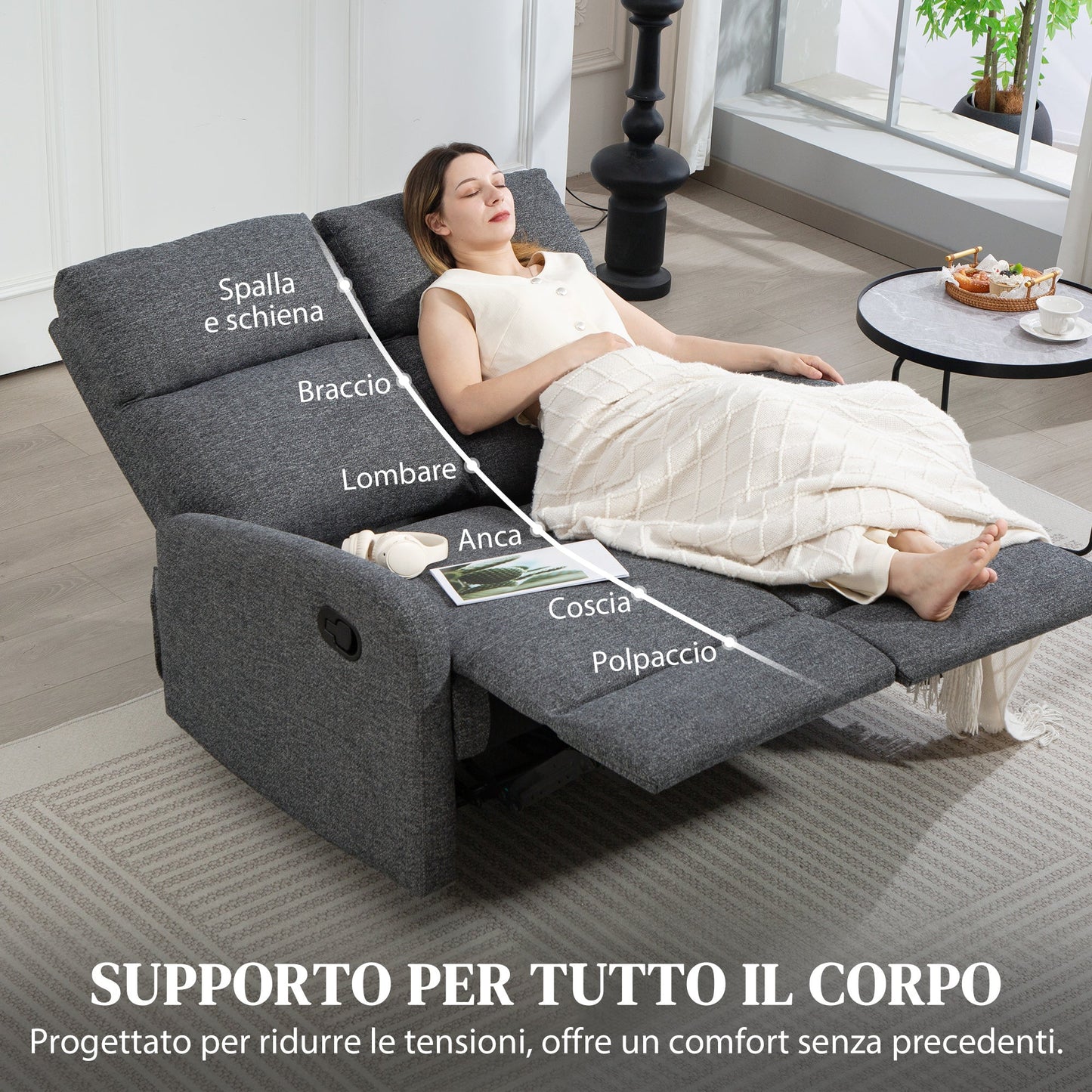 2-Seater Sofa Reclining to 145° Max and Upholstered in Grey Chenille, 124x91x100 cm