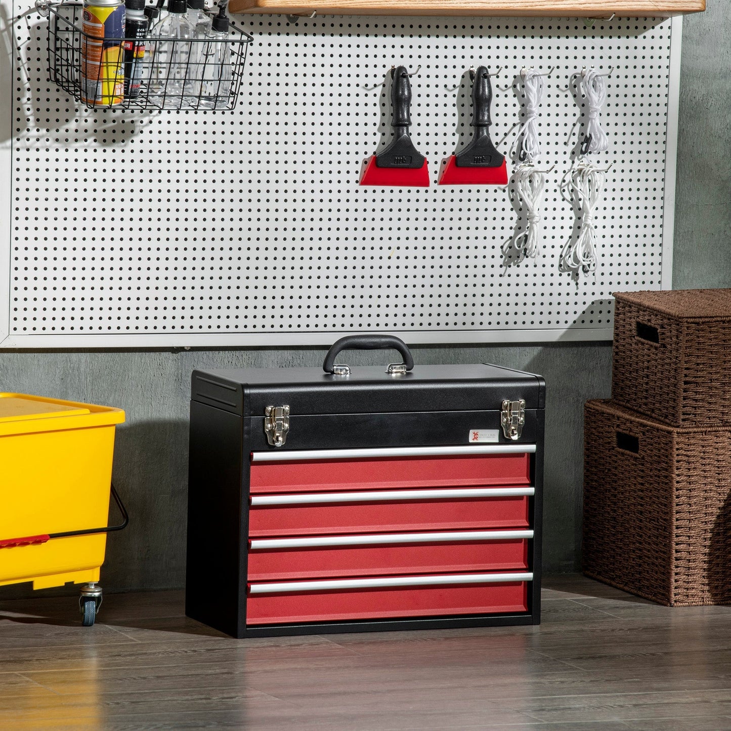 Steel Tool Box with 4 Drawers and Top Tray, 51x22x39.5 cm, Red and Black