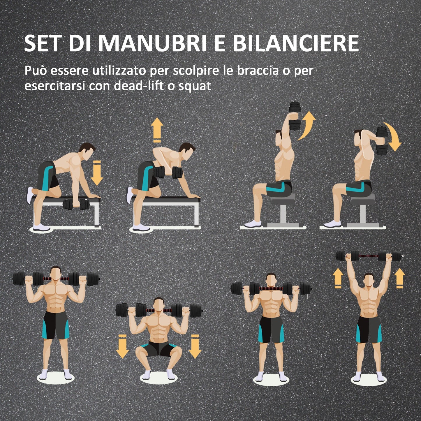 Set of 2 Non-Slip Dumbbells with 16 Weight Discs of 30 kg Total and Connector, in Steel, HDPE and Sand, Black