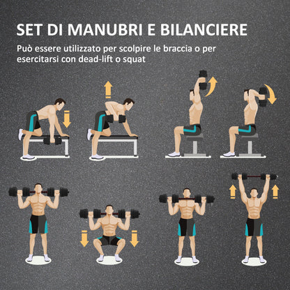 Set of 2 Non-Slip Dumbbells with 16 Weight Discs of 30 kg Total and Connector, in Steel, HDPE and Sand, Black