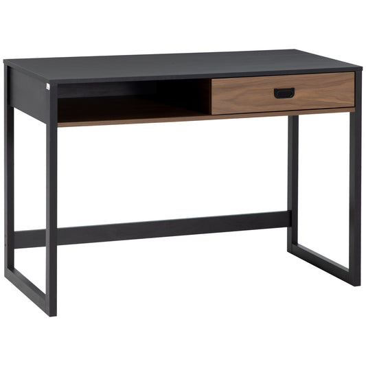 Industrial Style Bedroom and Office Desk with Drawer, 110x50x76cm, Walnut and Black