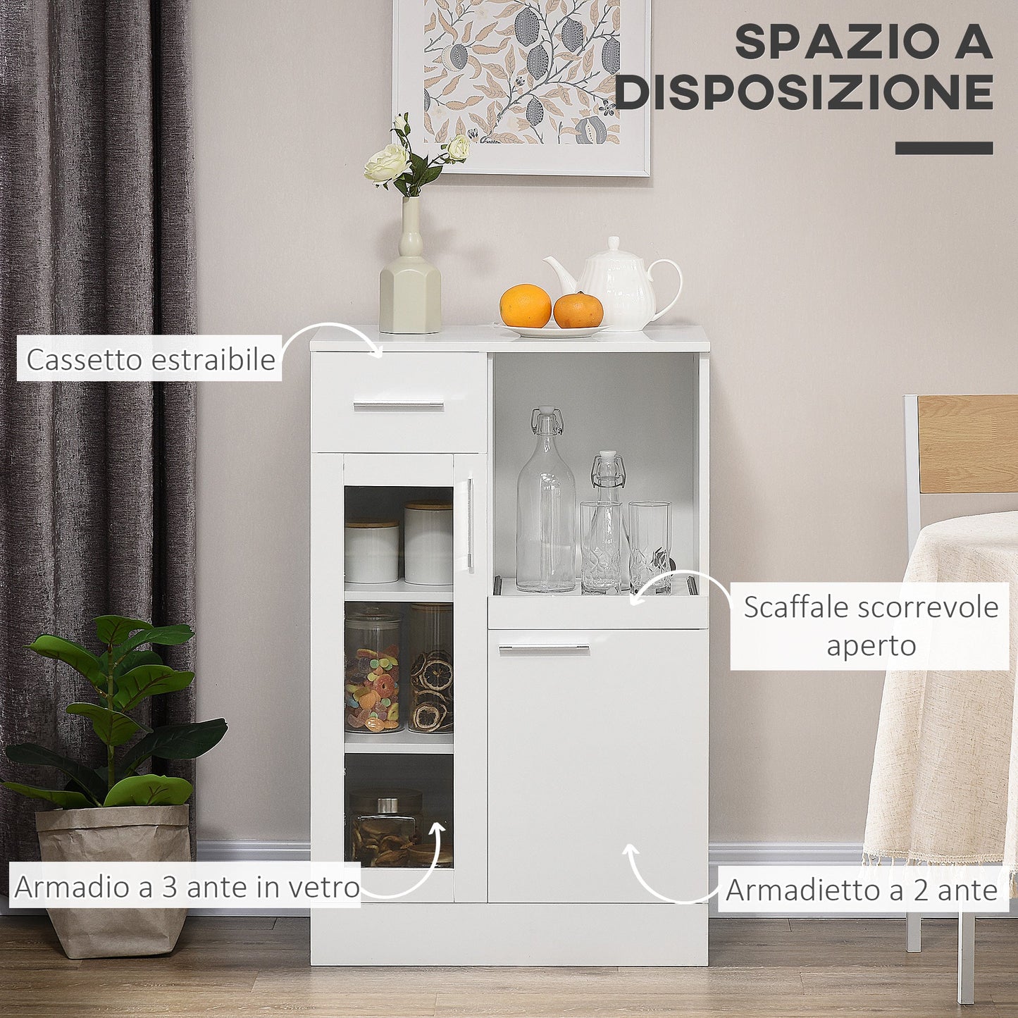 Modern Sideboard with Cabinets and Drawer in Wood and Glass, 60x40x95cm, White