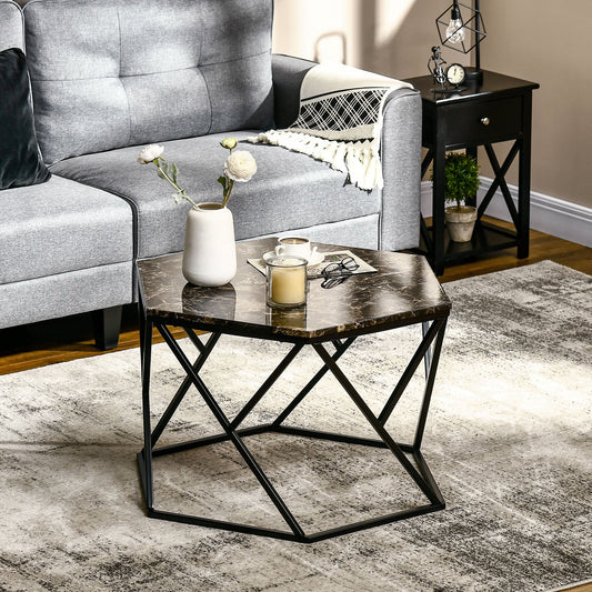Modern Living Room Table with Marble Effect and MDF and steel structure, 81x70x51.2 cm, Black