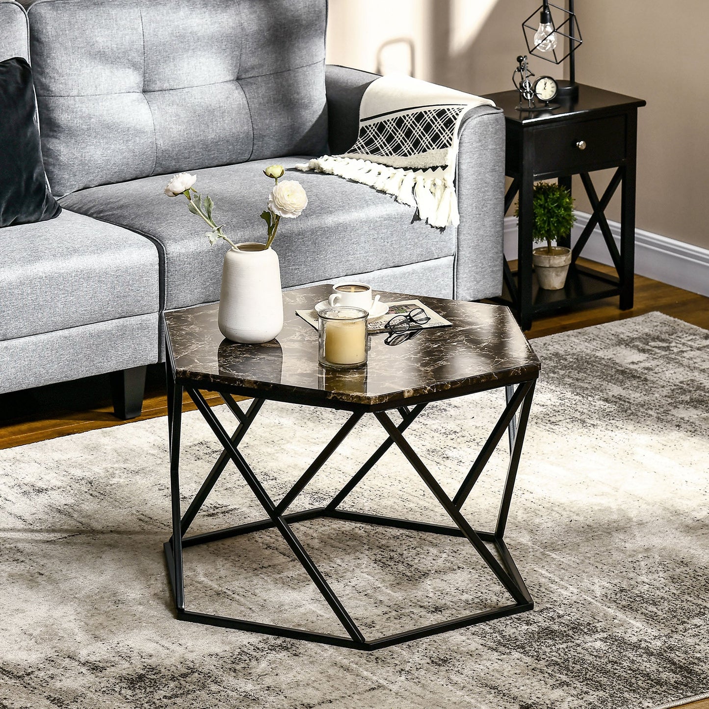 Modern Living Room Table with Marble Effect and MDF and steel structure, 81x70x51.2 cm, Black