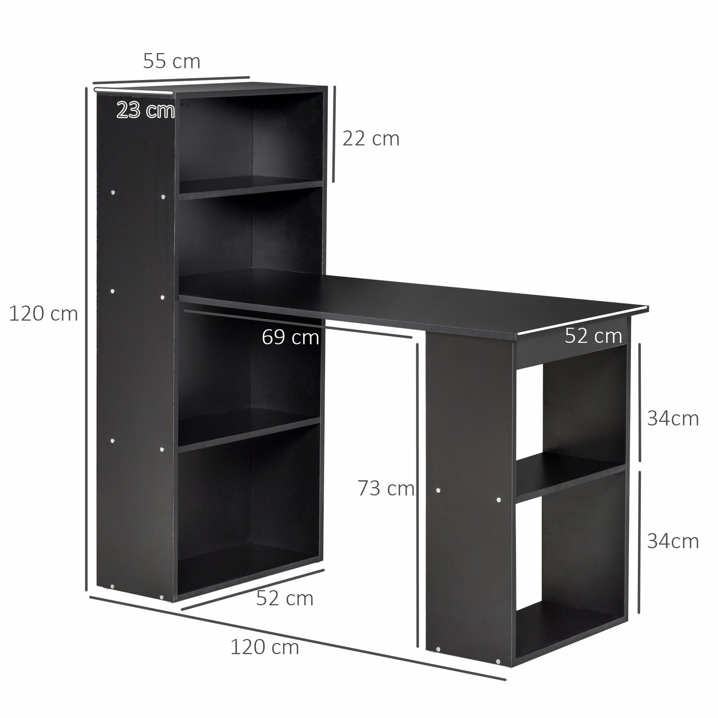Wooden PC Desk with 6 Side Storage Shelves, 120x55x120 cm, Black