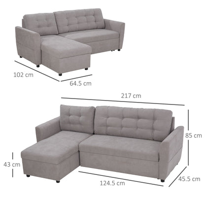 Grey Corner Sofa | 3 Seater Corner Sofa Bed with Chaise Longue Storage in Fabric, 217x134x85cm, Grey