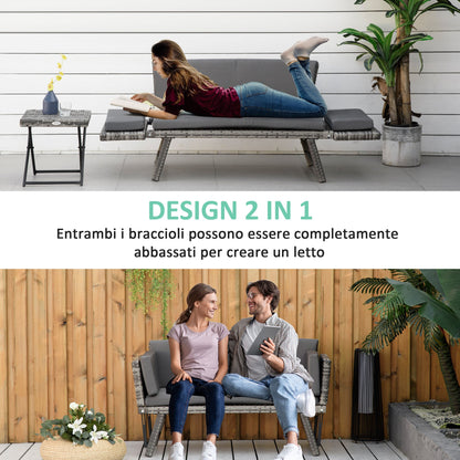 2 Seater Rattan Garden Sofa with Padding and Folding Armrests, 129x63x67cm, Grey