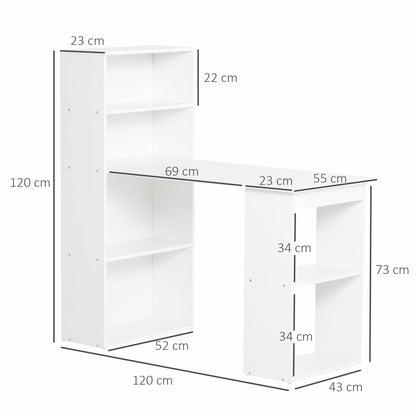 Space-Saving Computer Desk with Bookshelf, Dining Table for Office and Study, 120x55x120 cm, White