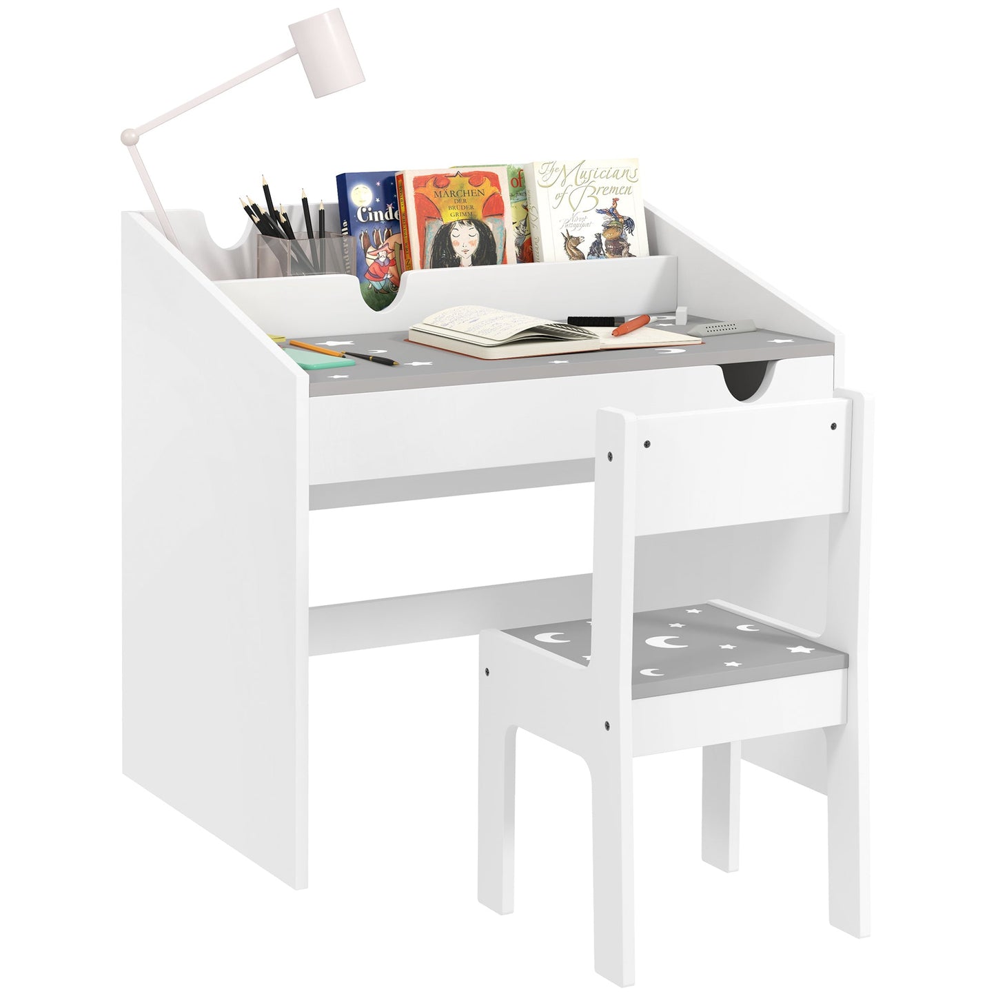 Children's Chair and Table Set for 3-6 Years Old with Organizer and Pull-Out Drawer, Grey Wood