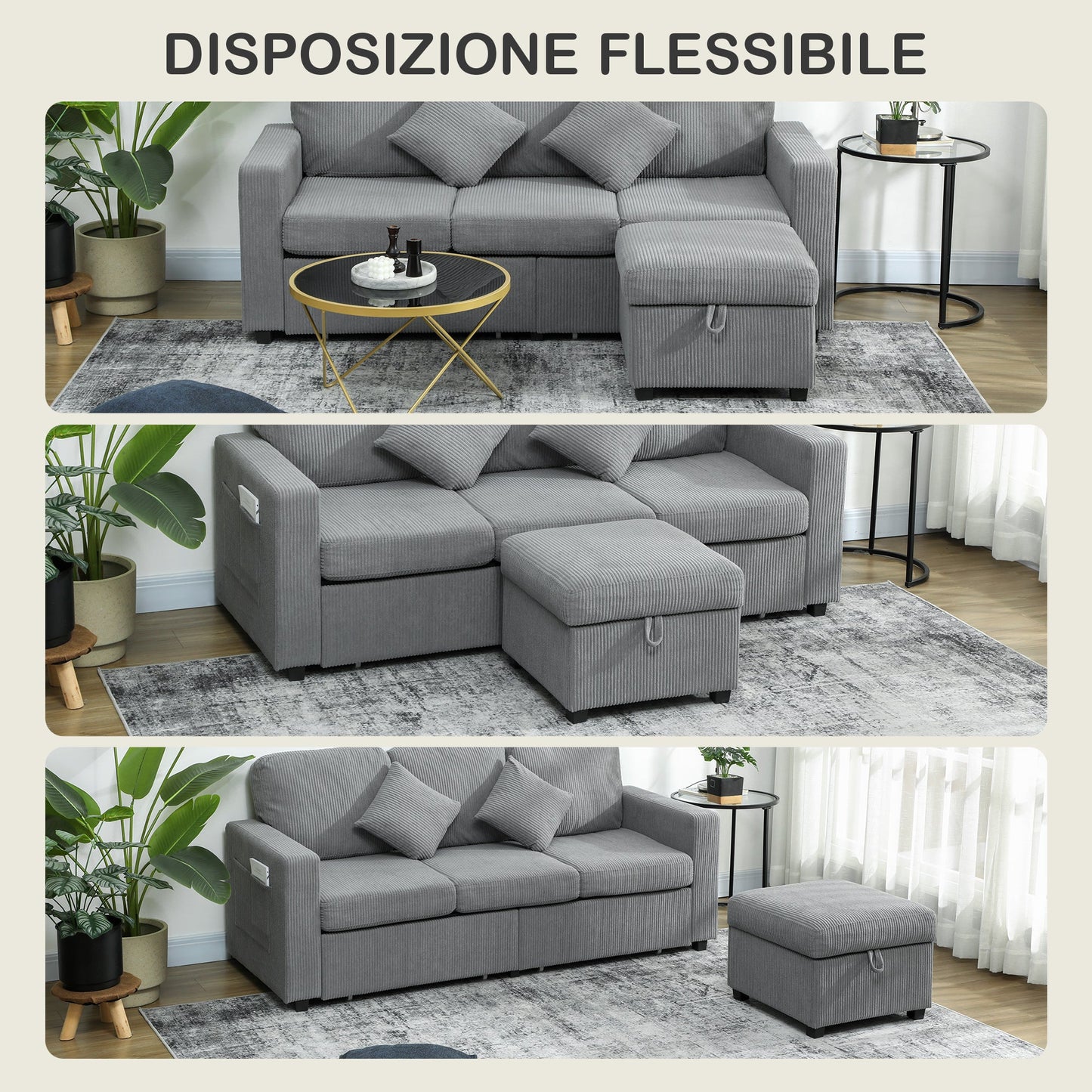 3-Seater Modular Sofa with Storage Pouf in Corduroy, 196x139x85 cm, Light Grey