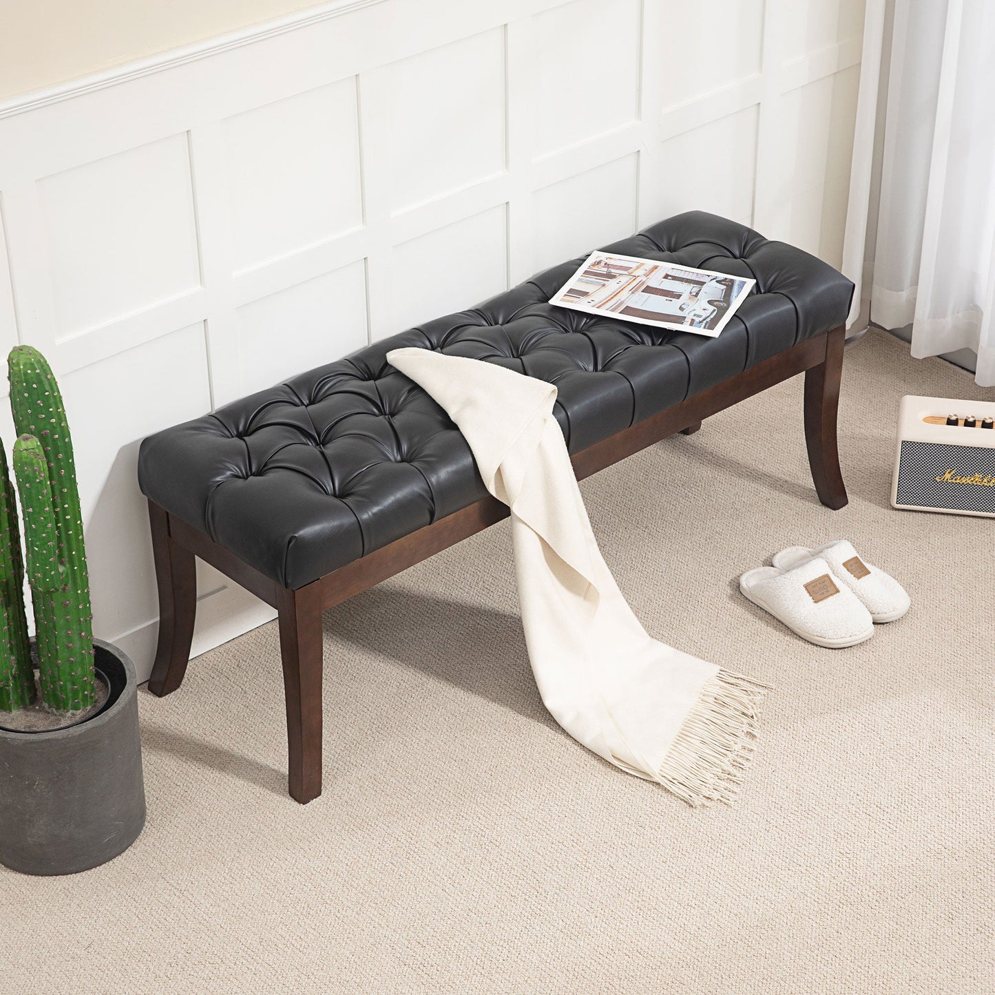 Upholstered Bed End Bench with Button Design and Curved Legs, PU Leather and Wood, 120x38x46 cm, Black