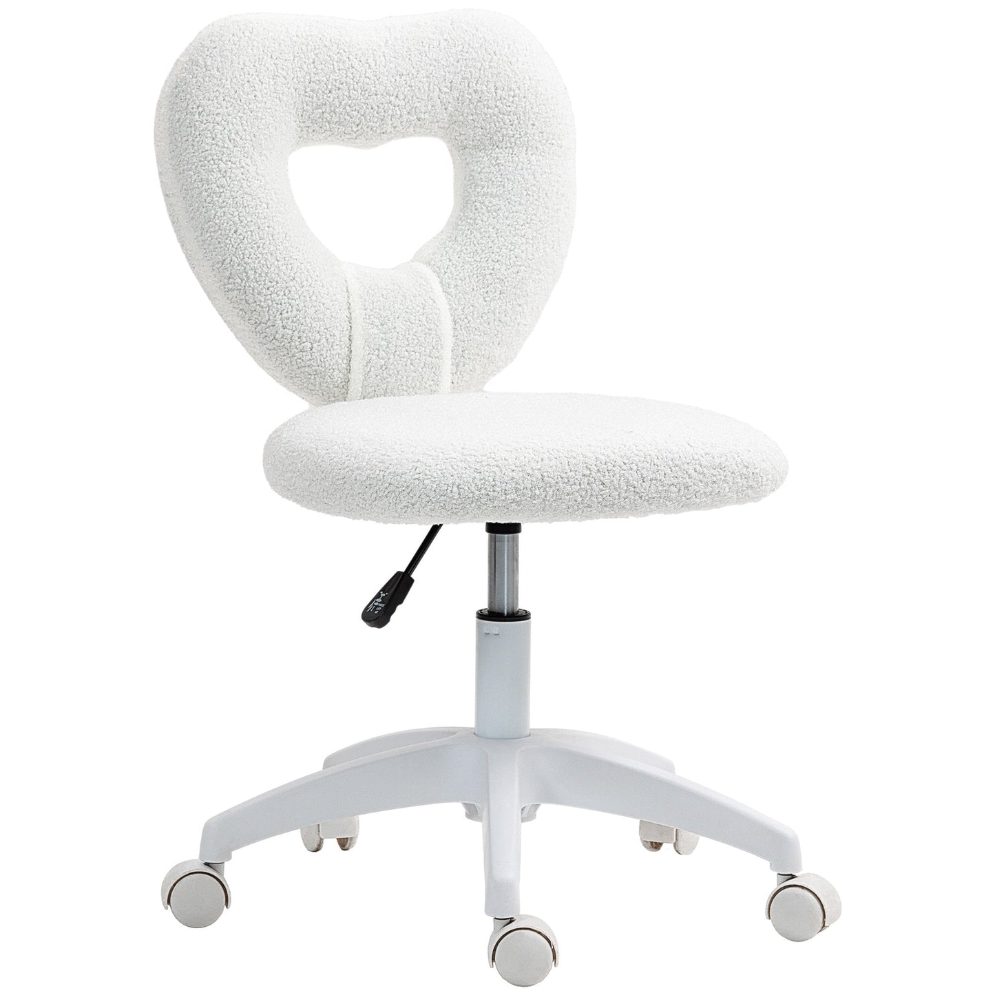 Padded Office Chair with Heart-Shaped Backrest and Wheels, in Teddy Velvet and Plastic, 45x56x78-88 cm, White
