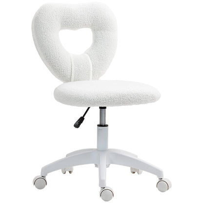 Padded Office Chair with Heart-Shaped Backrest and Wheels, in Teddy Velvet and Plastic, 45x56x78-88 cm, White
