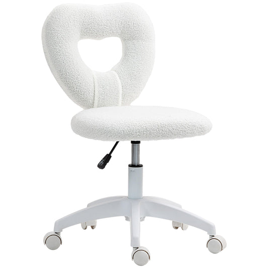 Padded Office Chair with Heart-Shaped Backrest and Wheels, in Teddy Velvet and Plastic, 45x56x78-88 cm, White