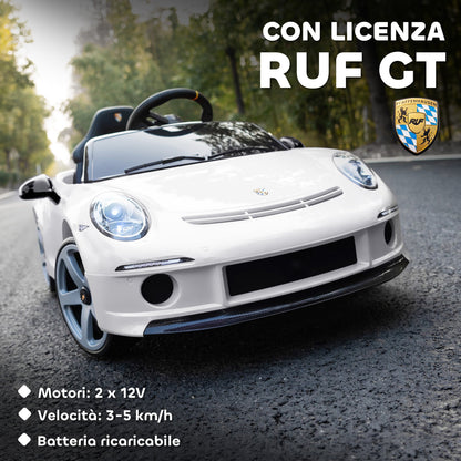 Officially Licensed RUF GT Ride-On Toy Car for Kids Ages 3-5, Remote Control, Seat Belt and Music, White