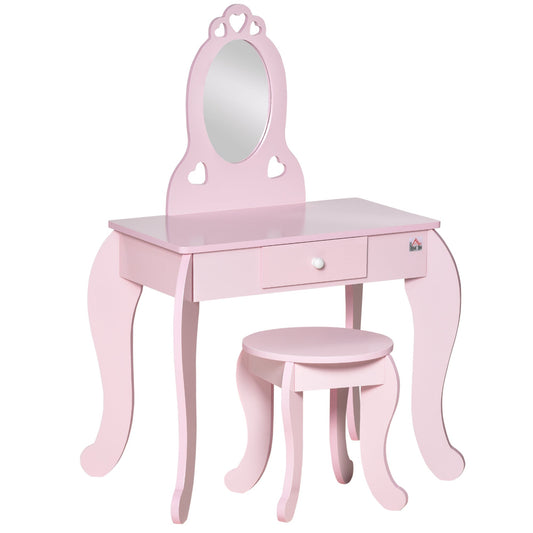 Children's Dressing Table with Wooden Stool, Dressing Table with Mirror and Drawer, 60x36x88cm, Pink