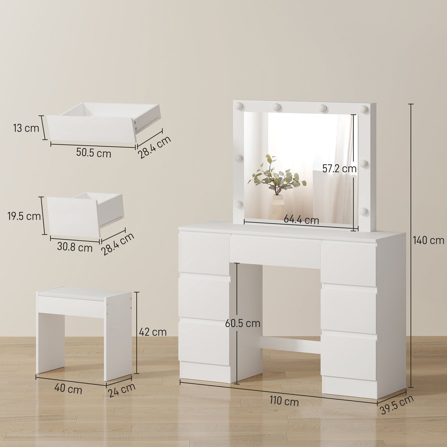 Hollywood-Style Makeup Table with Mirror, 8 LED Lights, 7 Drawers and Padded Stool, White