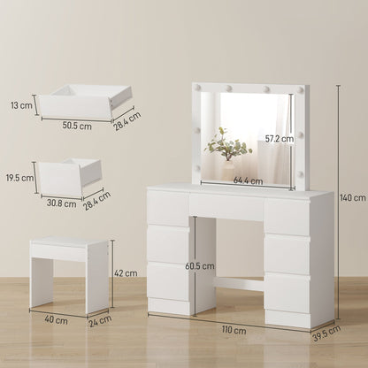 Hollywood-Style Makeup Table with Mirror, 8 LED Lights, 7 Drawers and Padded Stool, White