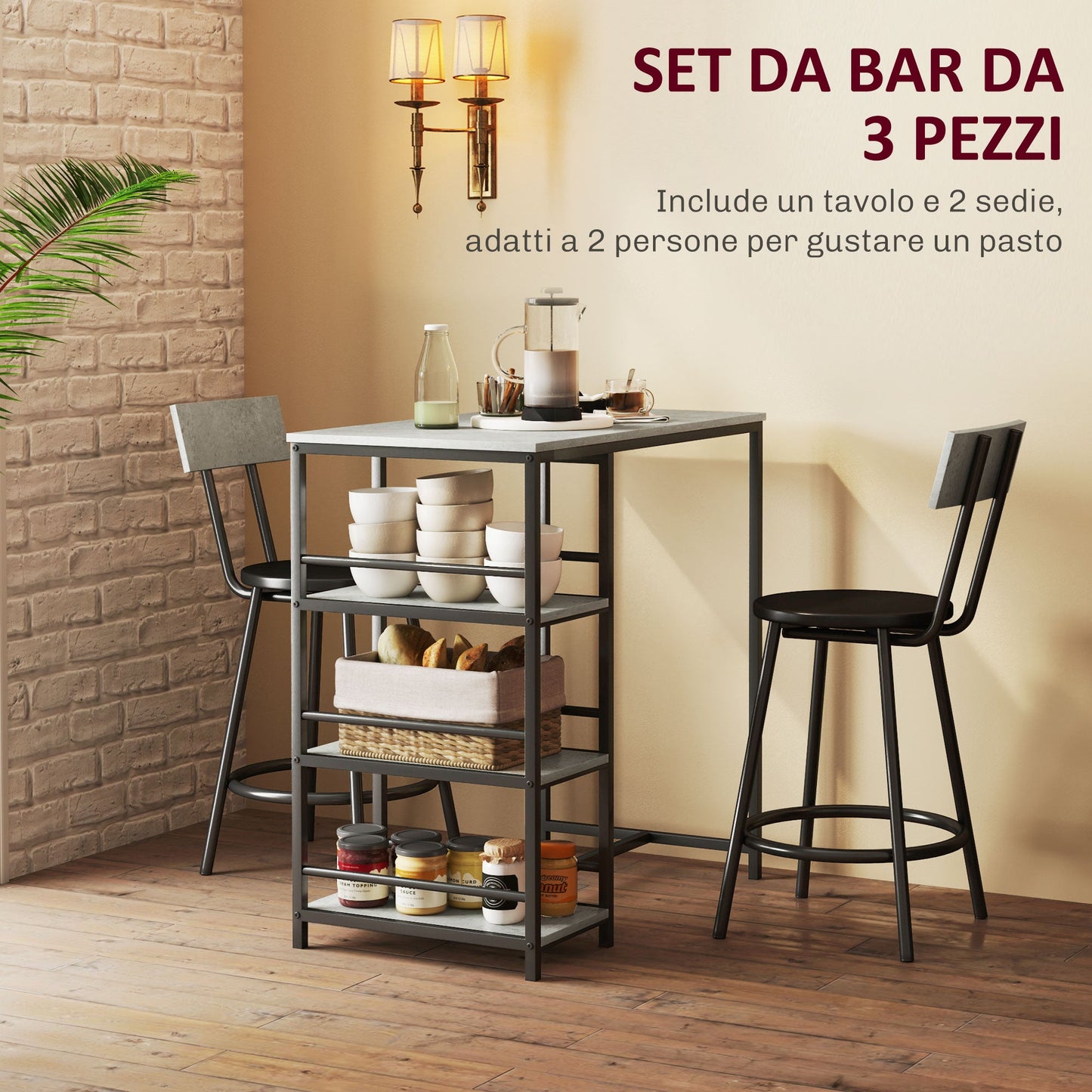 3 Piece Dining Set with Bar Counter with Shelves and 2 High Chairs with Backrest, Light Grey