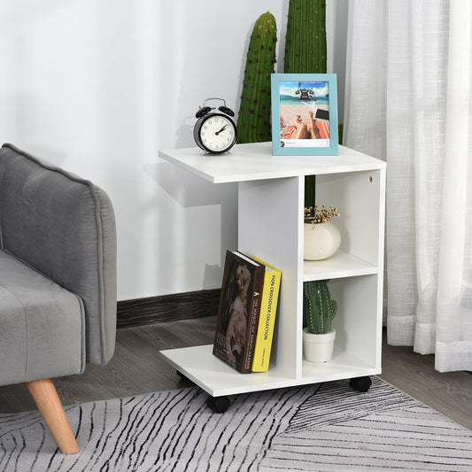 C-Shaped Coffee Table with 2 Open Shelves and 4 Swivel Wheels, in MDF and PE, 45x35x58 cm, White