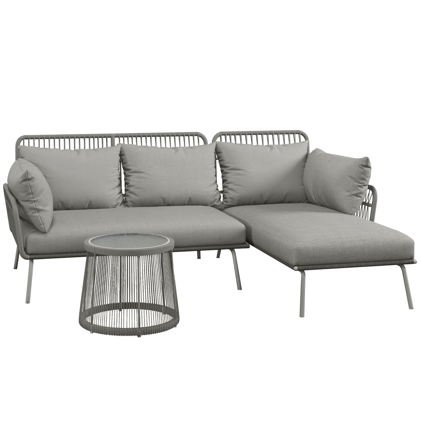 Boho Style PE Rattan Garden Set, 2 Seater Sofa with Chaise Longue and Coffee Table, Light Grey