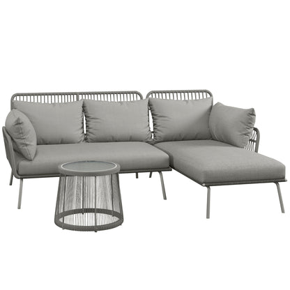 Boho Style PE Rattan Garden Set, 2 Seater Sofa with Chaise Longue and Coffee Table, Light Grey