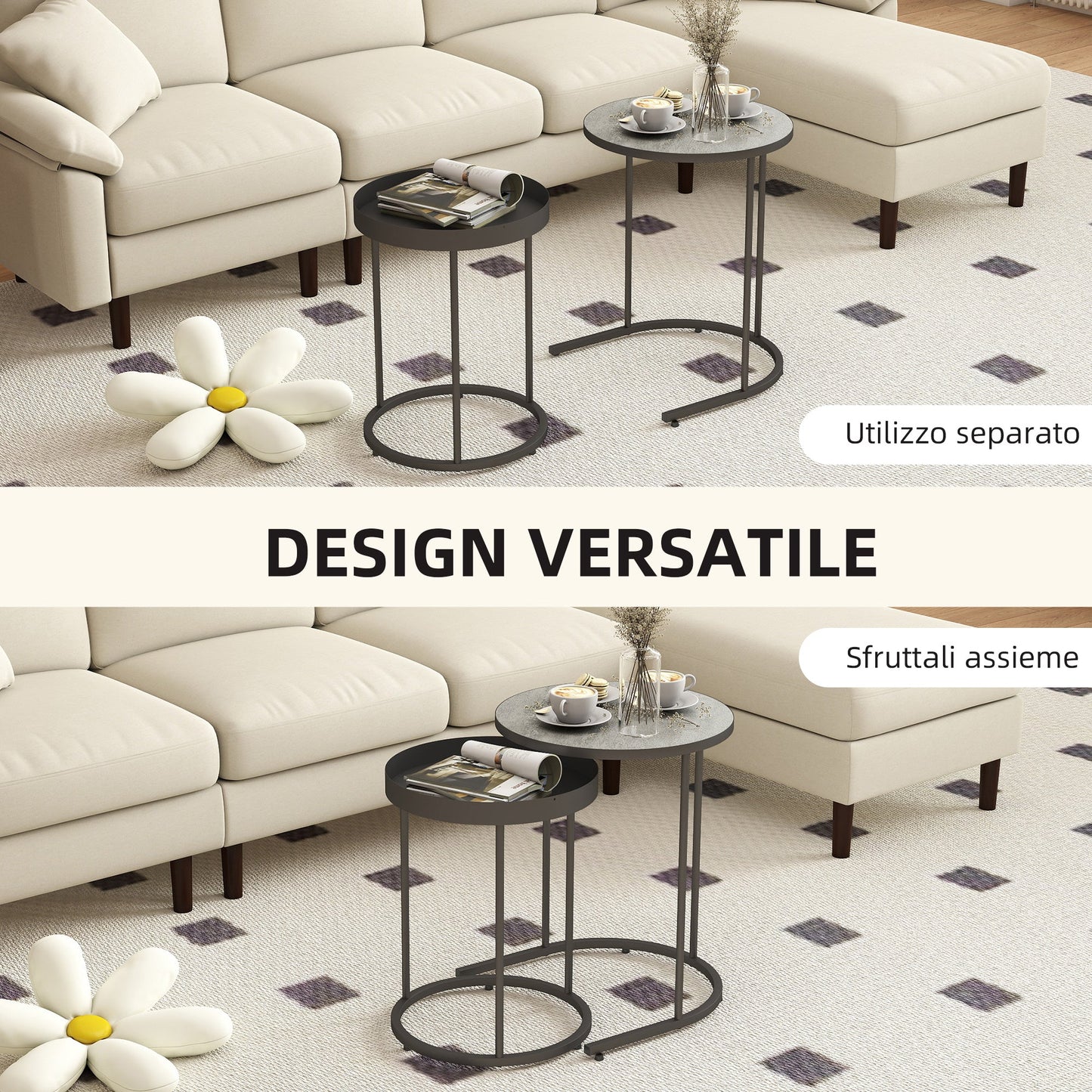 Set of 2 Industrial Style Stackable Coffee Tables, Wood and Metal, Ø42x54 cm and Ø36.5x48.5 cm, Grey and Black