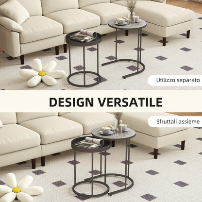 Set of 2 Industrial Style Stackable Coffee Tables, Wood and Metal, Ø42x54 cm and Ø36.5x48.5 cm, Grey and Black