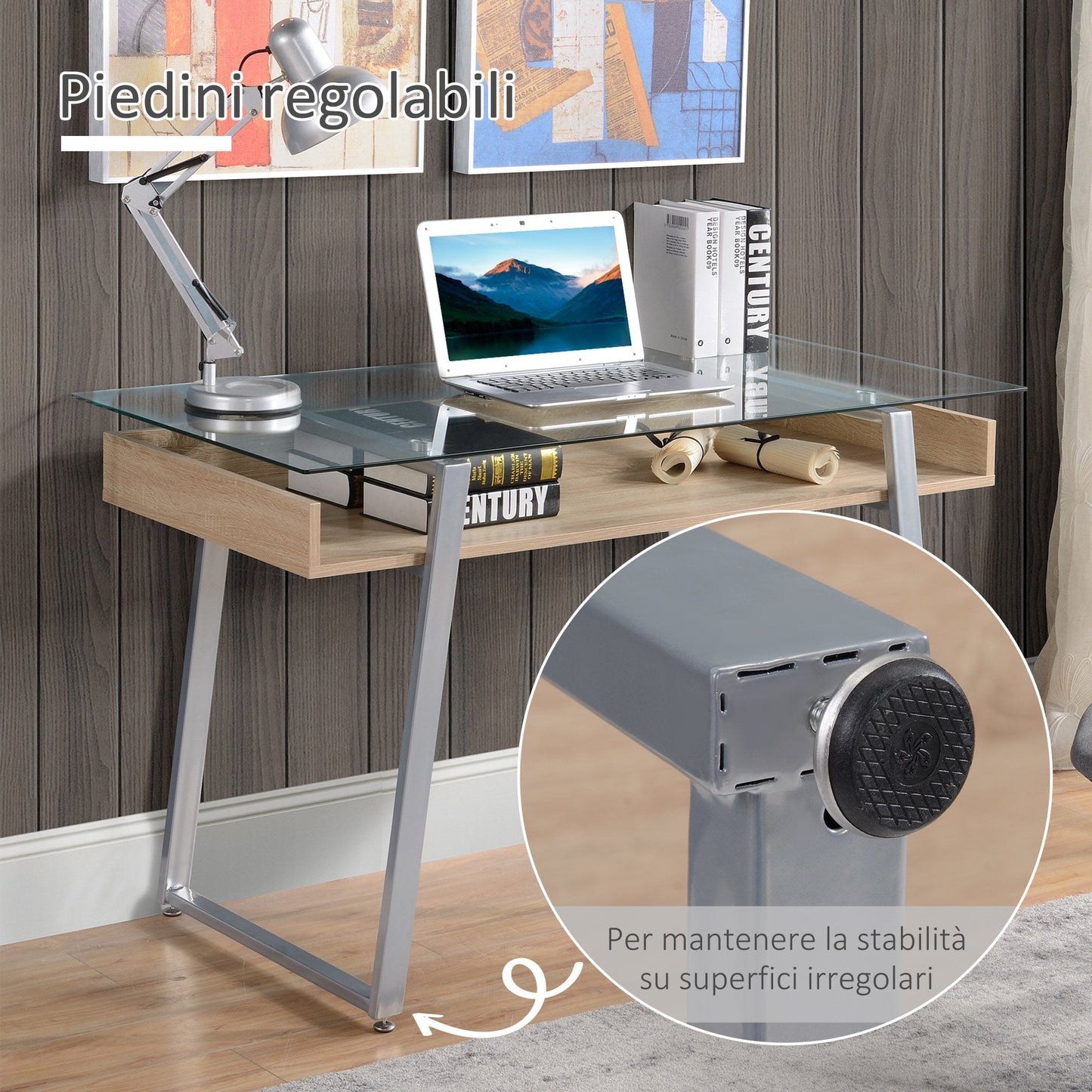 Design desk desk with 9mm tempered glass top and wooden frame and steel, for office house