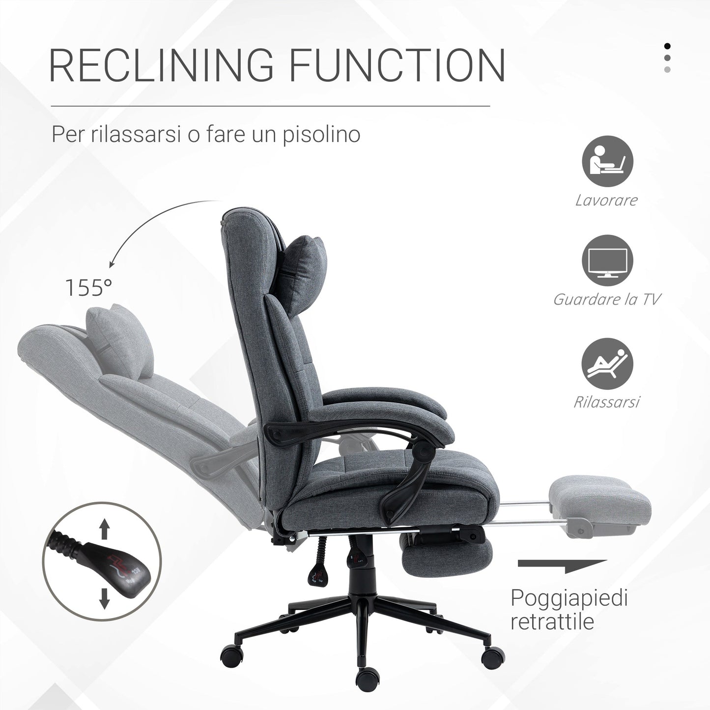 Ergonomic Reclining Office Chair, High Back Executive Chair, Office Chair with Headrest and Removable Footrest, 66x76x112-120cm, Grey