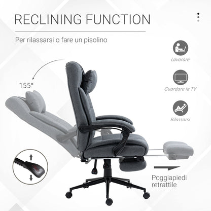 Ergonomic Reclining Office Chair, High Back Executive Chair, Office Chair with Headrest and Removable Footrest, 66x76x112-120cm, Grey