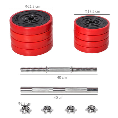 2 in 1 Barbell and Dumbbell Set 20kg Weights, Discs with Anti-Scratch Plastic Coating, Red and Black
