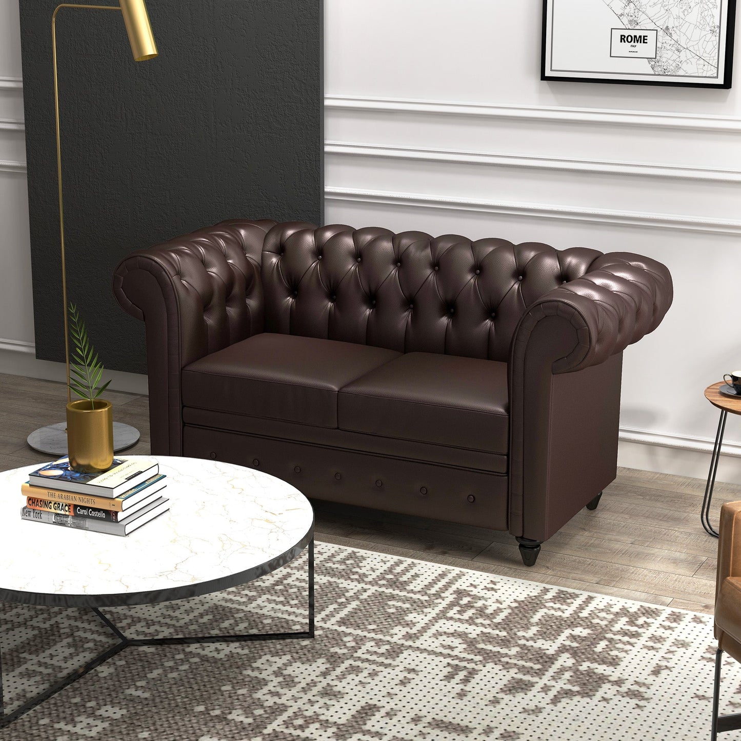 2-Seater Chesterfield Style Sofa with Removable Cushion, in Faux Leather, Wood and Metal, 160x84x80 cm, Brown
