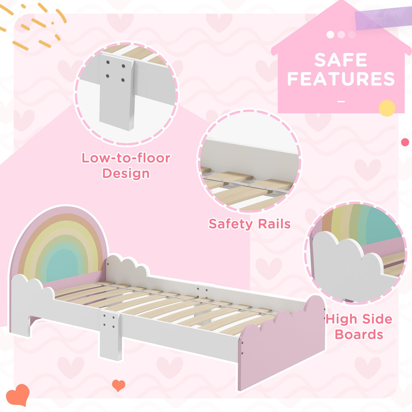 Children's Bed for 3-6 Years with Anti-Fall Side Rails in MDF, 143x74x66 cm, White and Pink
