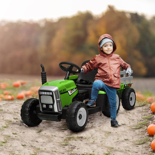 Electric Tractor for Children 3-6 Years with Removable Trailer, 12V Battery and Remote Control, Green