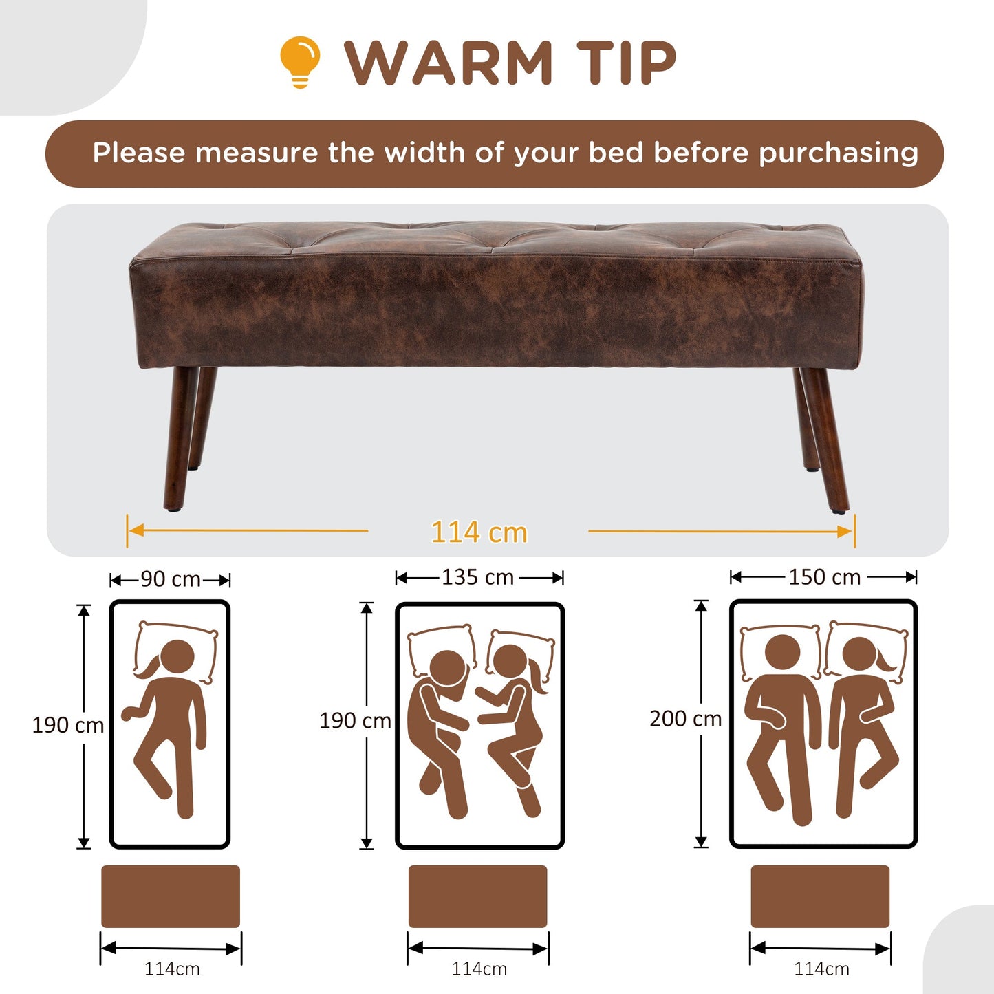 Padded Bedside Bench and Entrance Bench with PU Covering, 114x38x42cm, Brown