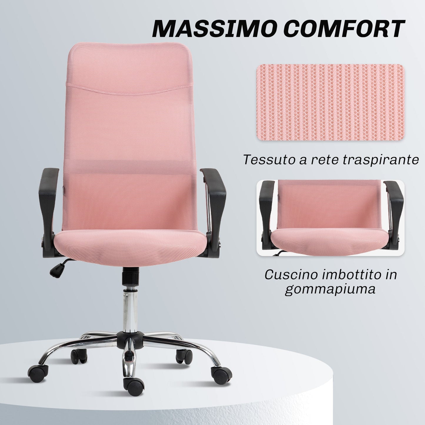 Ergonomic Swivel Office Chair, Adjustable Height and Mesh Backrest, 63x65x109-119 cm, Pink
