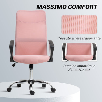 Ergonomic Swivel Office Chair, Adjustable Height and Mesh Backrest, 63x65x109-119 cm, Pink