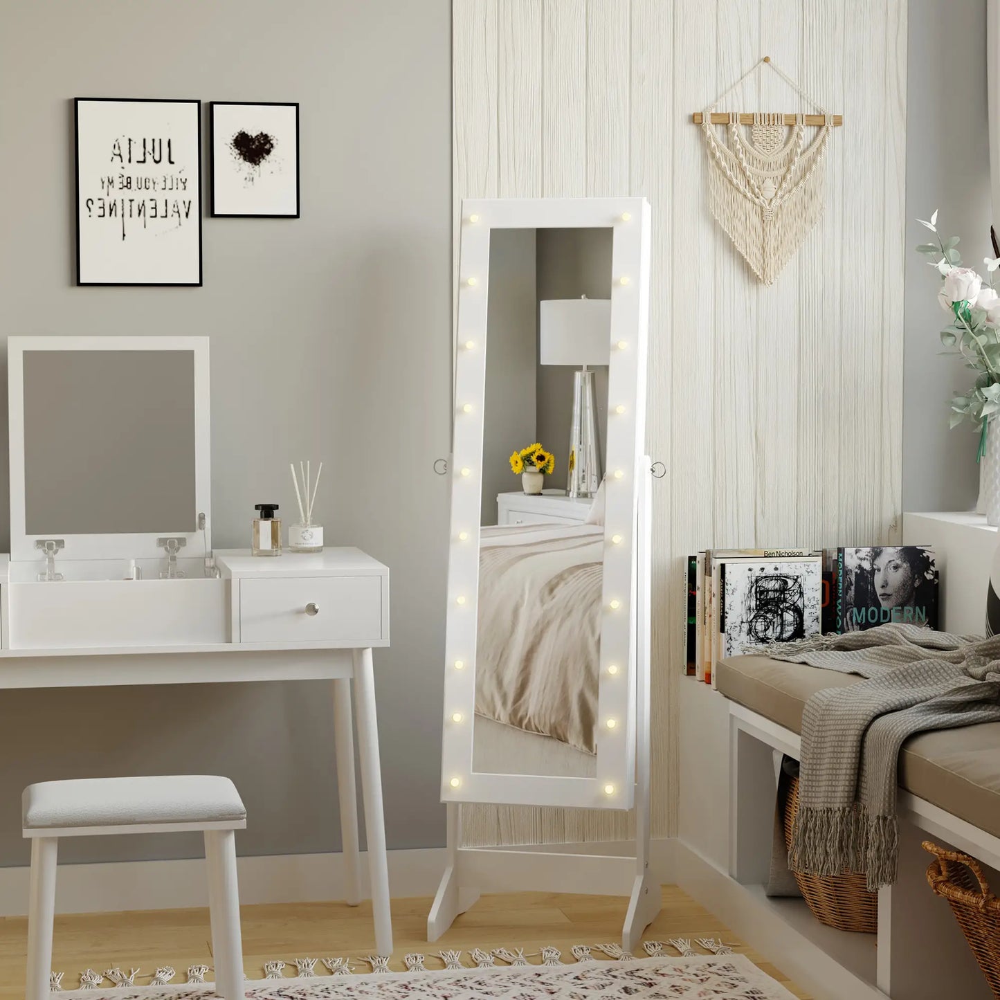 Jewellery Cabinet Adjustable Mirror Jewellery Box 20 LED Lights, Wood, White, 40x37x146 cm